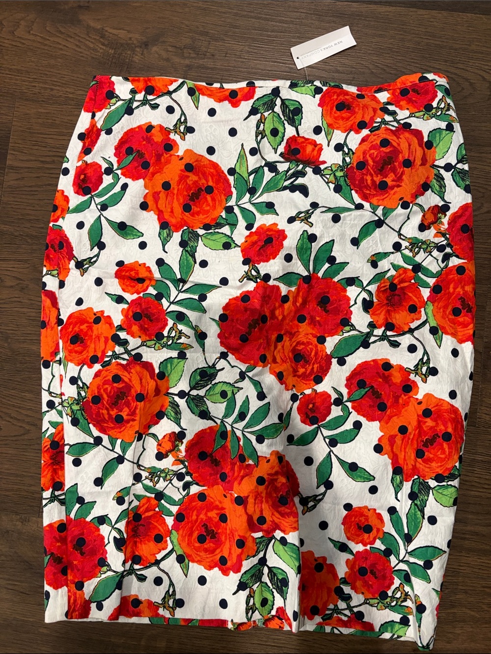 New York & Company White Pencil Skirt with Orange Floral and Black Polka Dots